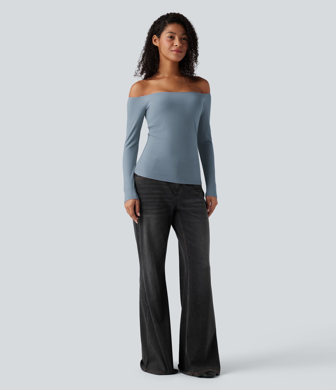 Žebrovaný úpletový top s odhalenými rameny a dlouhými rukávy, 2 v 1, ležérní