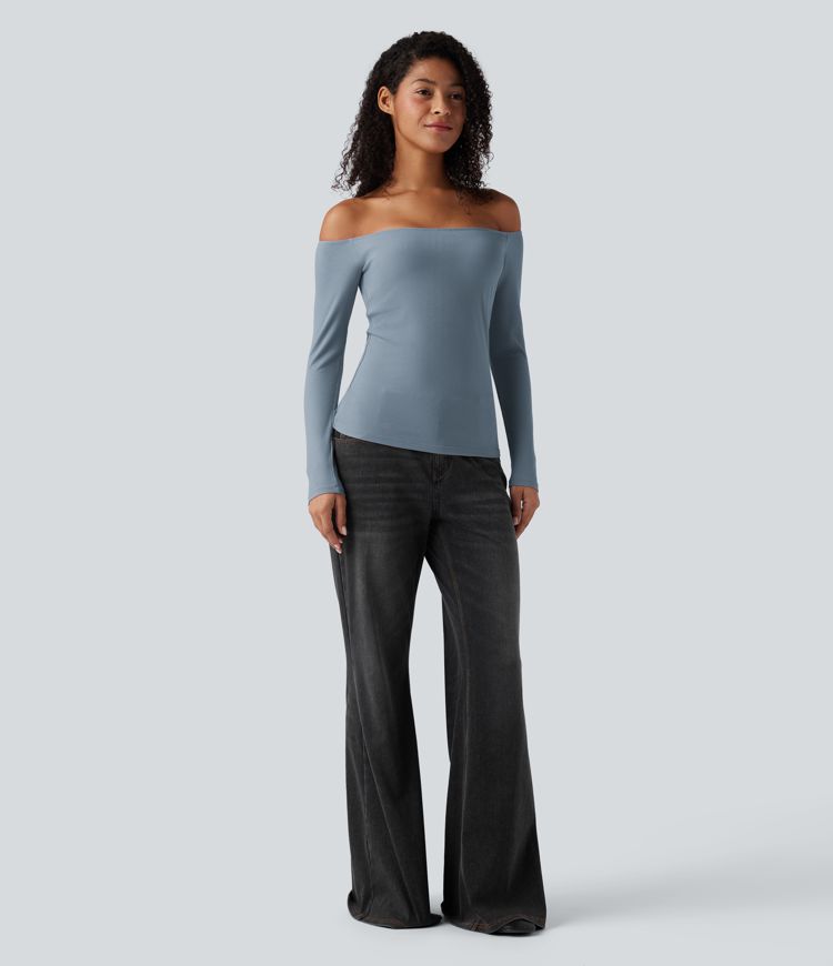 Žebrovaný úpletový top s odhalenými rameny a dlouhými rukávy, 2 v 1, ležérní