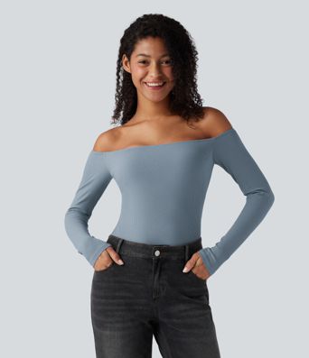 Žebrovaný úpletový top s odhalenými rameny a dlouhými rukávy, 2 v 1, ležérní