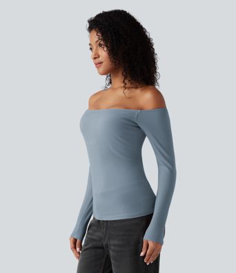 Žebrovaný úpletový top s odhalenými rameny a dlouhými rukávy, 2 v 1, ležérní