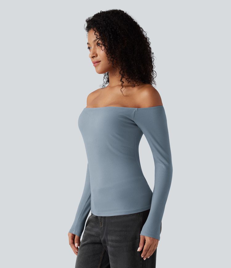 Žebrovaný úpletový top s odhalenými rameny a dlouhými rukávy, 2 v 1, ležérní