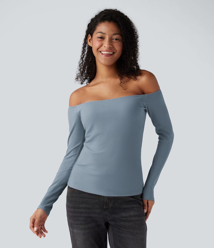 Žebrovaný úpletový top s odhalenými rameny a dlouhými rukávy, 2 v 1, ležérní