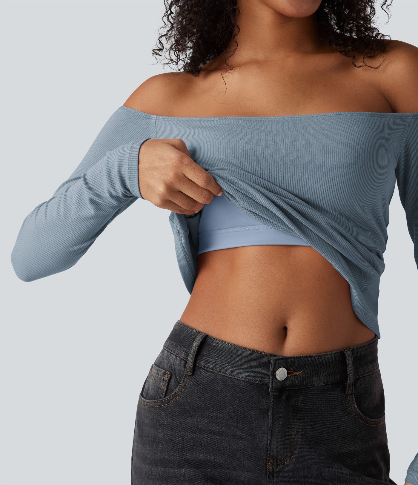 Žebrovaný úpletový top s odhalenými rameny a dlouhými rukávy, 2 v 1, ležérní