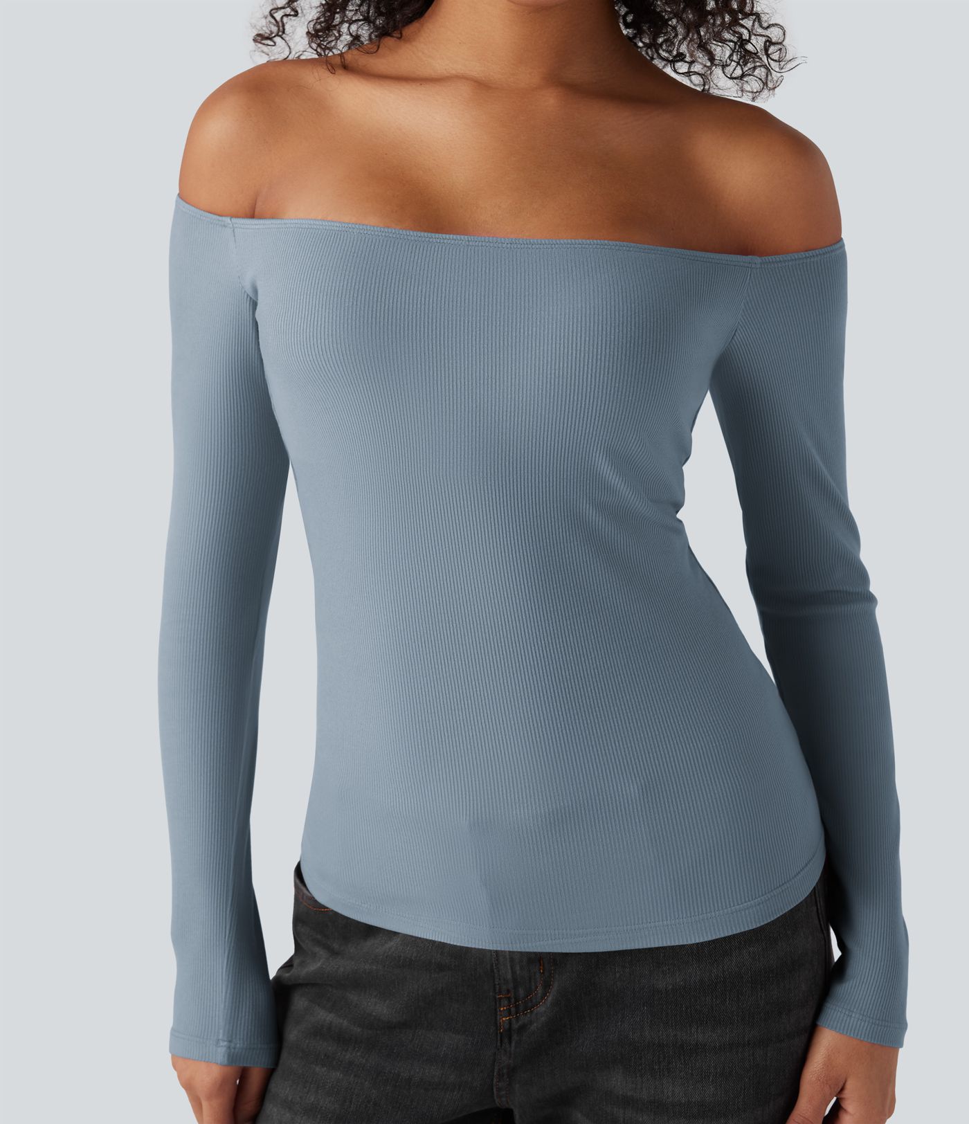 Žebrovaný úpletový top s odhalenými rameny a dlouhými rukávy, 2 v 1, ležérní