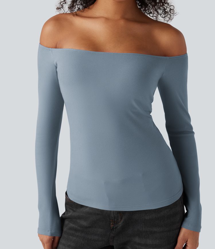 Žebrovaný úpletový top s odhalenými rameny a dlouhými rukávy, 2 v 1, ležérní