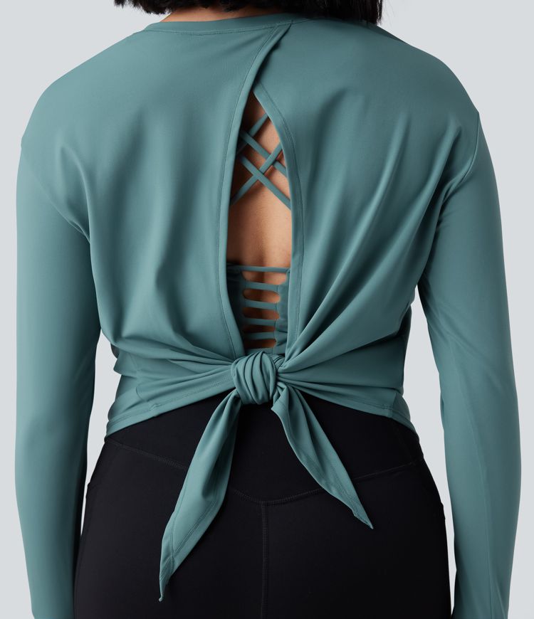 SoftlyZero™ Airy Round Neck Long Sleeve 2-in-1 Tie Back Cool Touch Yoga Sports Top-UPF50+