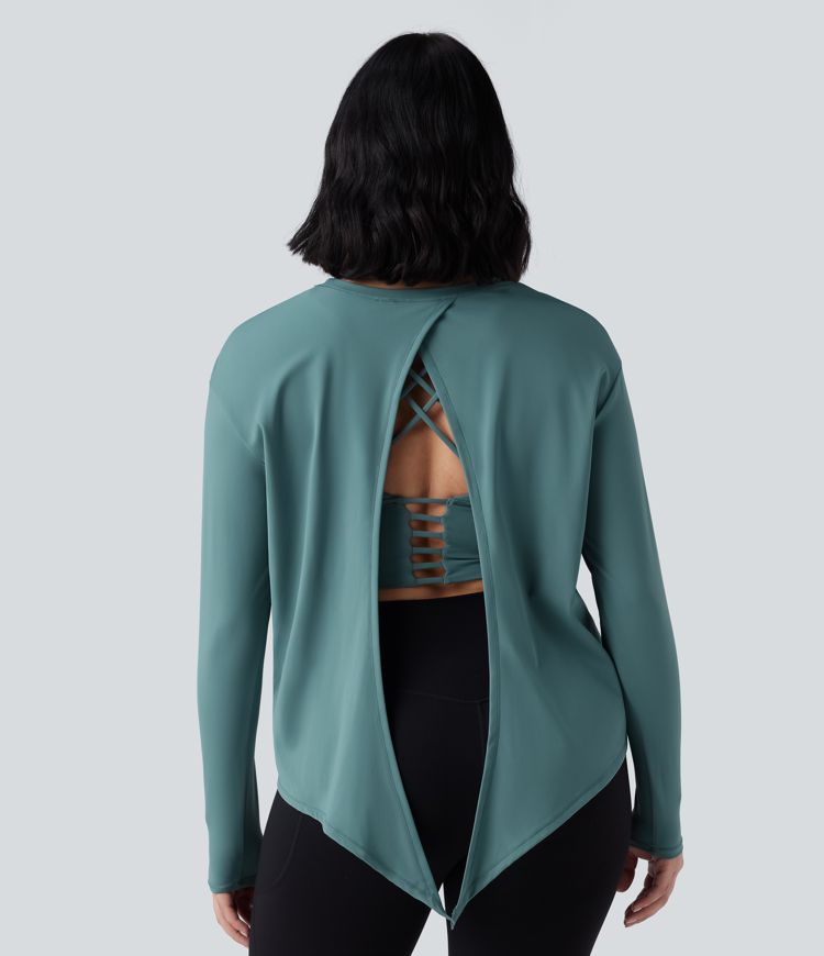 SoftlyZero™ Airy Round Neck Long Sleeve 2-in-1 Tie Back Cool Touch Yoga Sports Top-UPF50+