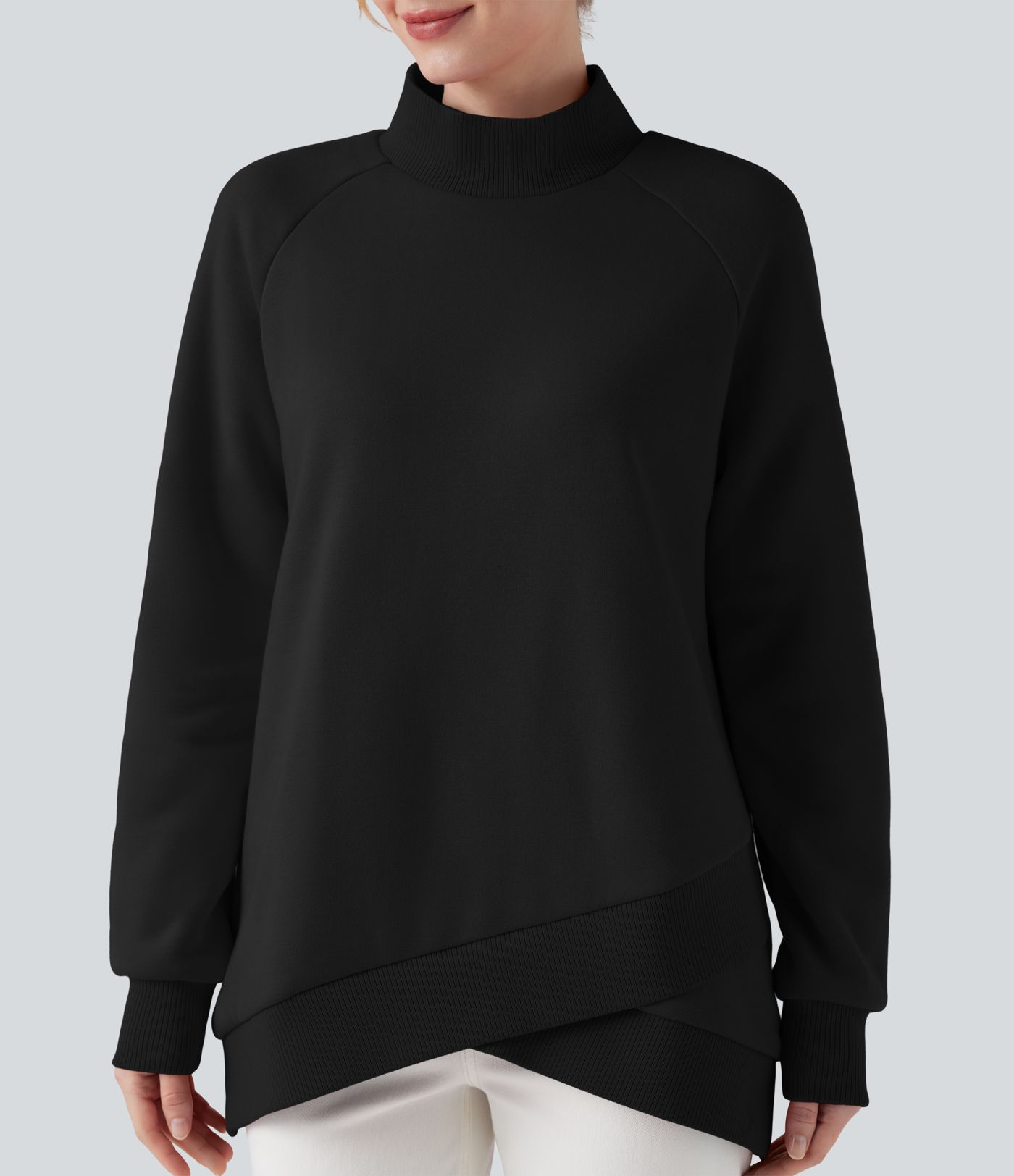 Mock-neck Raglan Long Sleeve Crossover Hem Fleece Casual Sweatshirt