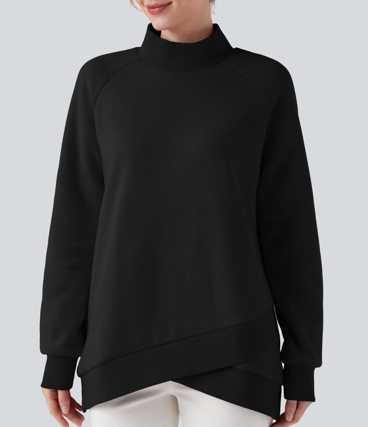 Mock-neck Raglan Long Sleeve Crossover Hem Fleece Casual Sweatshirt