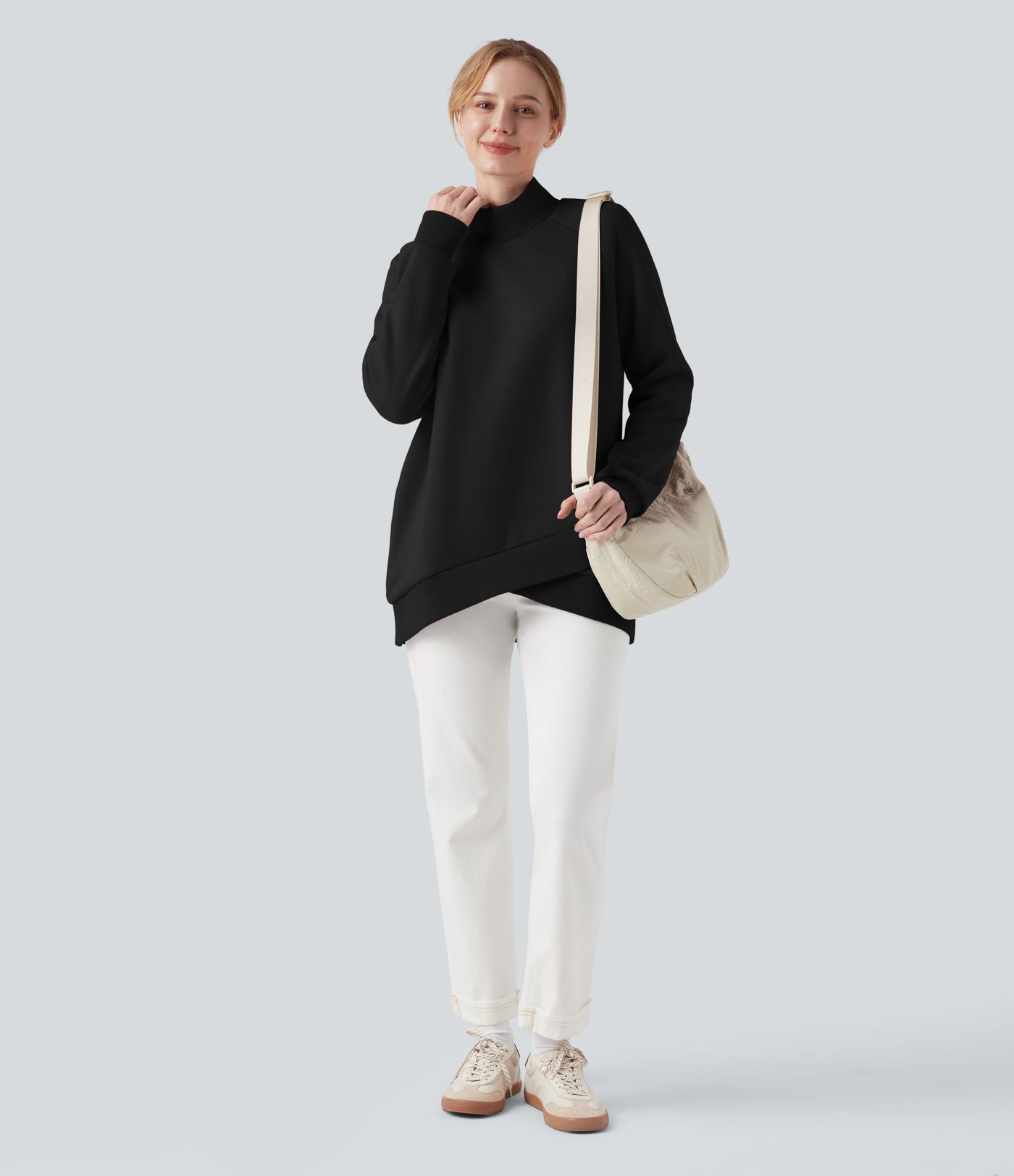 Mock-neck Raglan Long Sleeve Crossover Hem Fleece Casual Sweatshirt