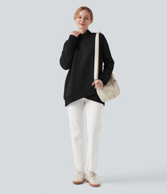 Mock-neck Raglan Long Sleeve Crossover Hem Fleece Casual Sweatshirt