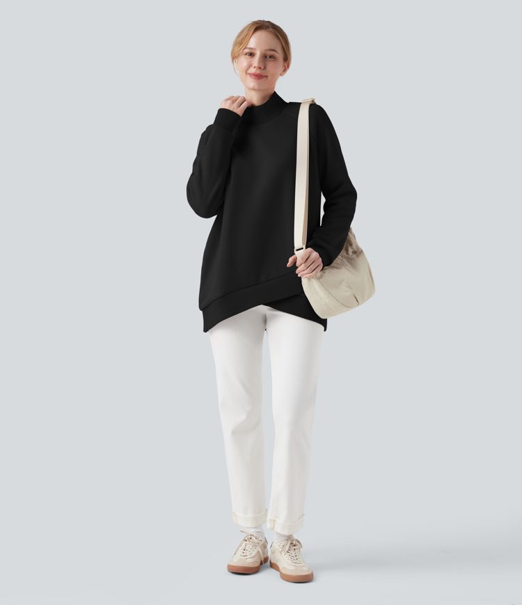 Mock-neck Raglan Long Sleeve Crossover Hem Fleece Casual Sweatshirt