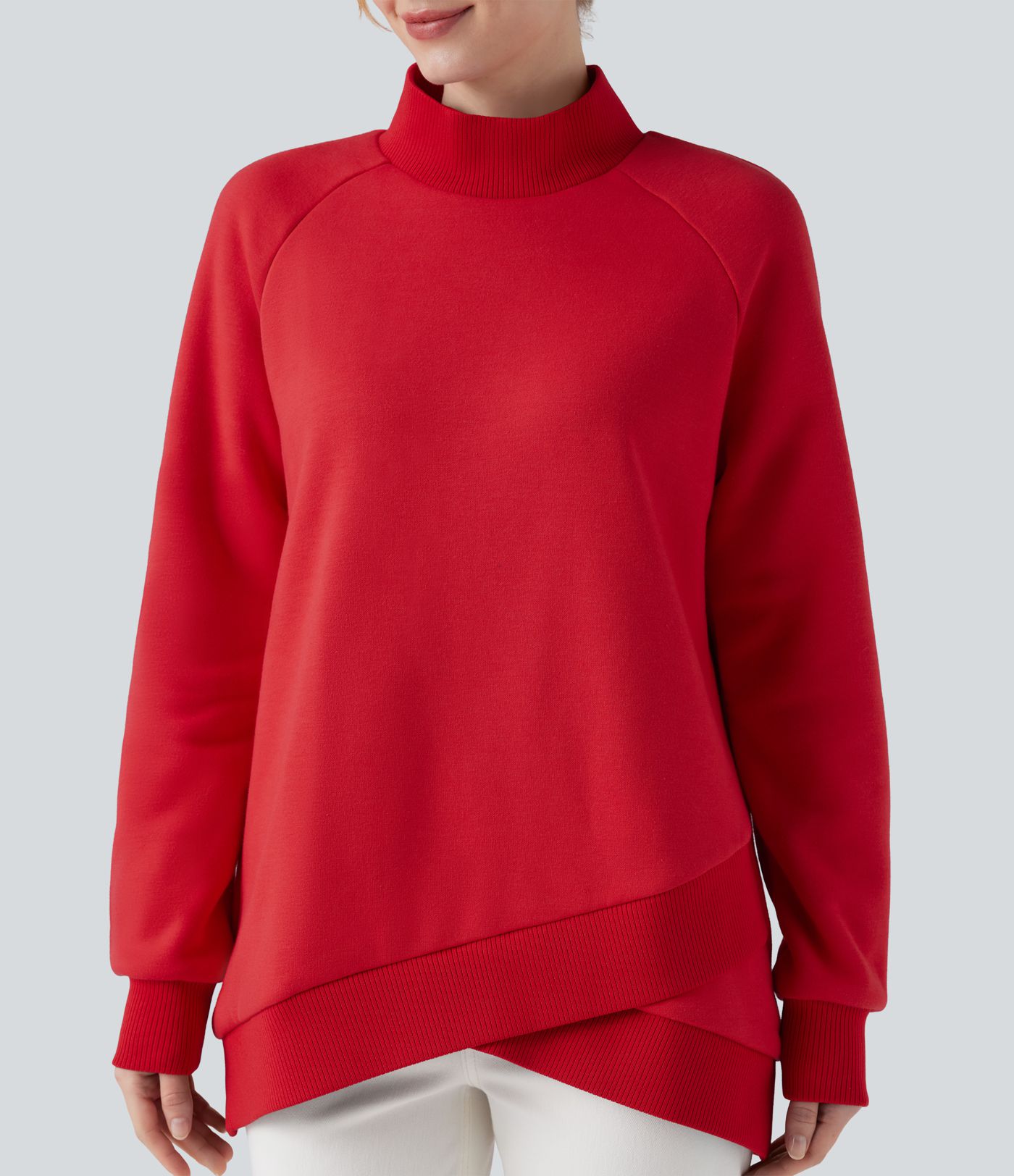 Mock-neck Raglan Long Sleeve Crossover Hem Fleece Casual Sweatshirt