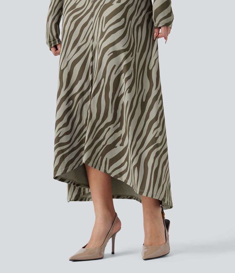V Neck Cut Out Long Sleeve Ruched Animal Print Maxi Dress