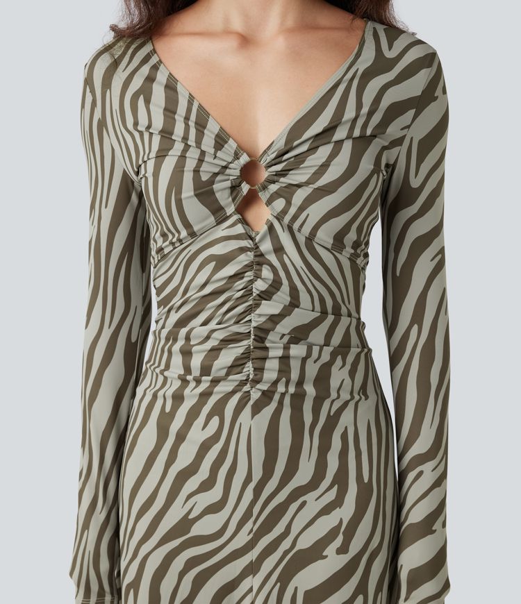 V Neck Cut Out Long Sleeve Ruched Animal Print Maxi Dress
