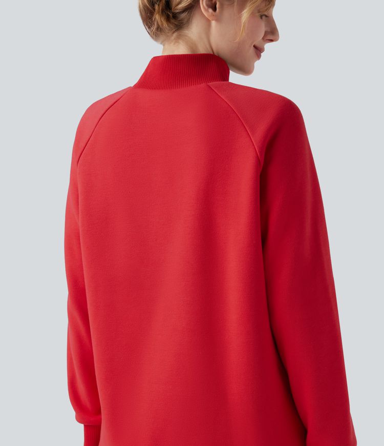 Mock-neck Raglan Long Sleeve Crossover Hem Fleece Casual Sweatshirt