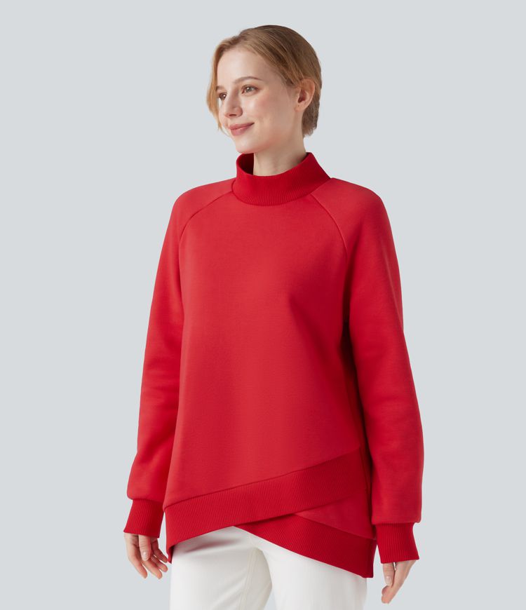 Mock-neck Raglan Long Sleeve Crossover Hem Fleece Casual Sweatshirt
