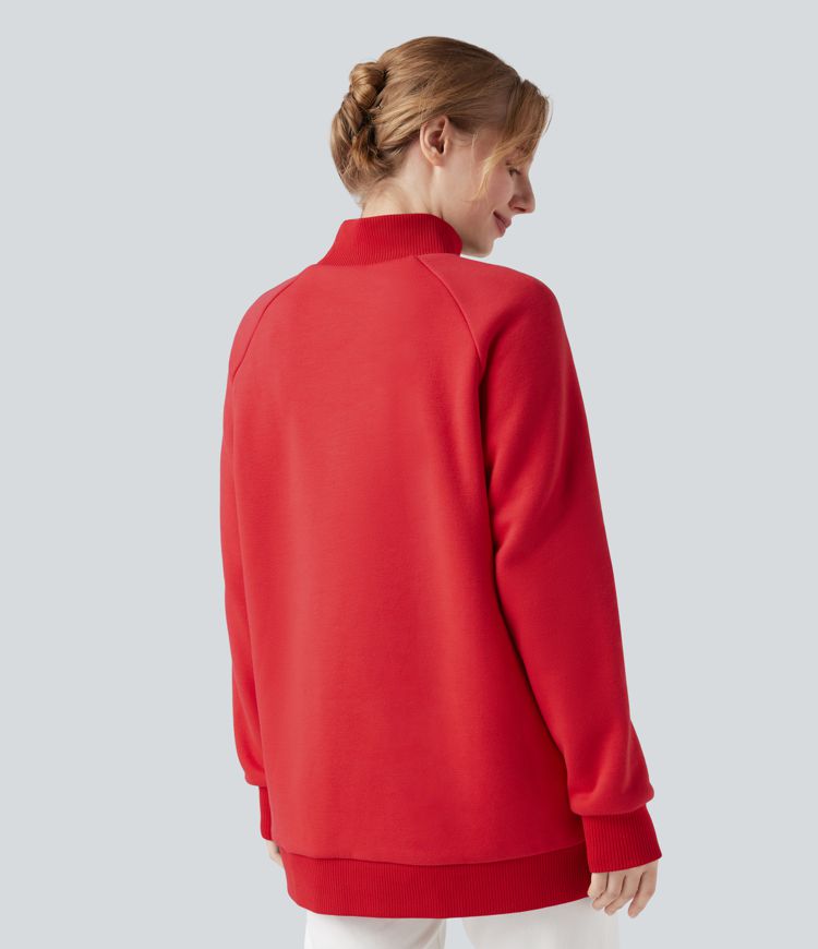 Mock-neck Raglan Long Sleeve Crossover Hem Fleece Casual Sweatshirt