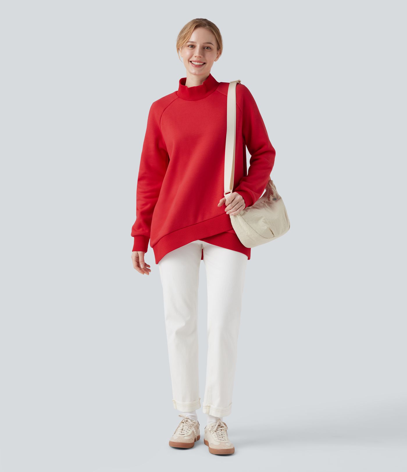 Mock-neck Raglan Long Sleeve Crossover Hem Fleece Casual Sweatshirt