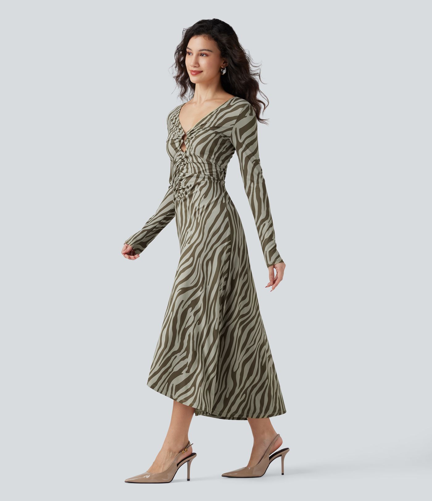 V Neck Cut Out Long Sleeve Ruched Animal Print Maxi Dress