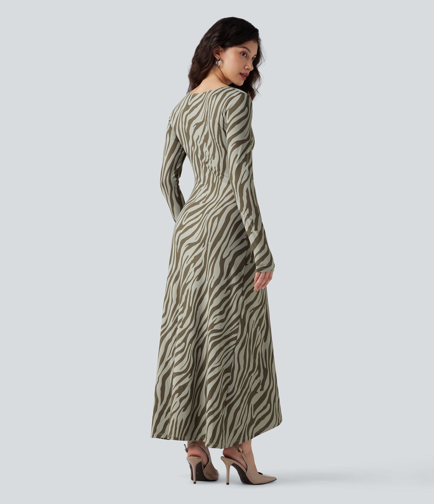 V Neck Cut Out Long Sleeve Ruched Animal Print Maxi Dress
