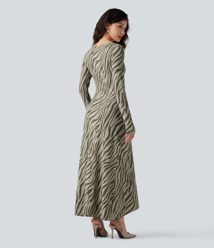 V Neck Cut Out Long Sleeve Ruched Animal Print Maxi Dress
