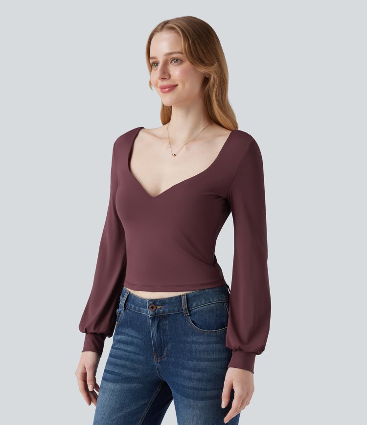 Sweetheart Neck Bishop Long Sleeve Backless Casual Blouse