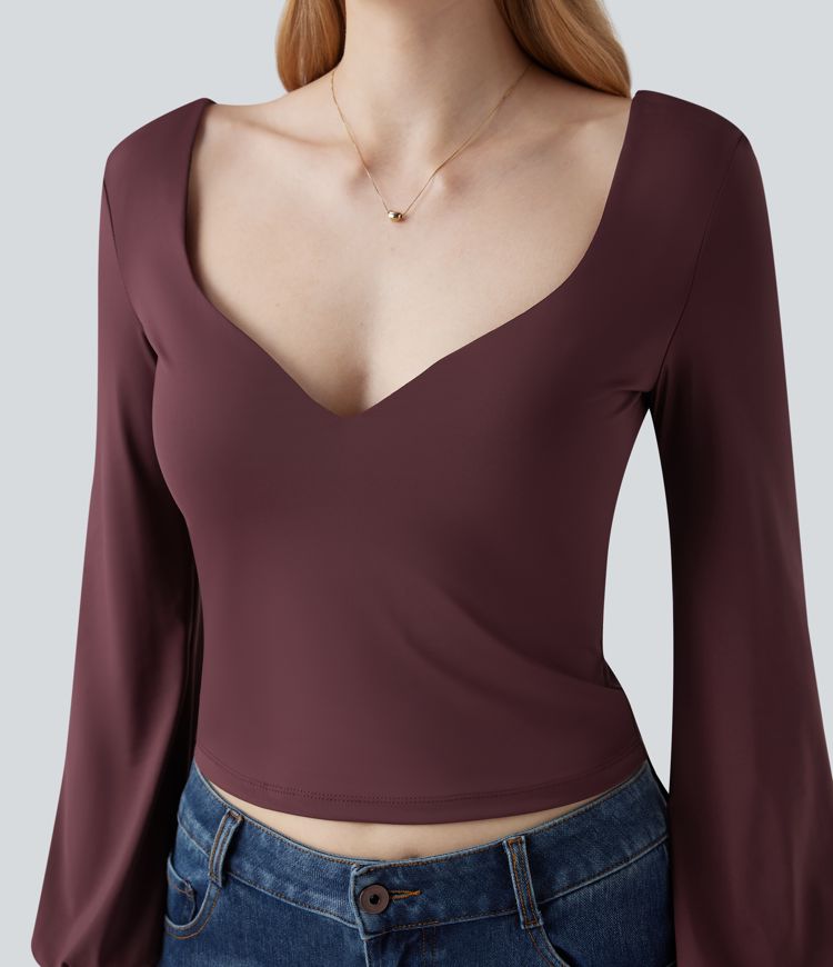 Sweetheart Neck Bishop Long Sleeve Backless Casual Blouse
