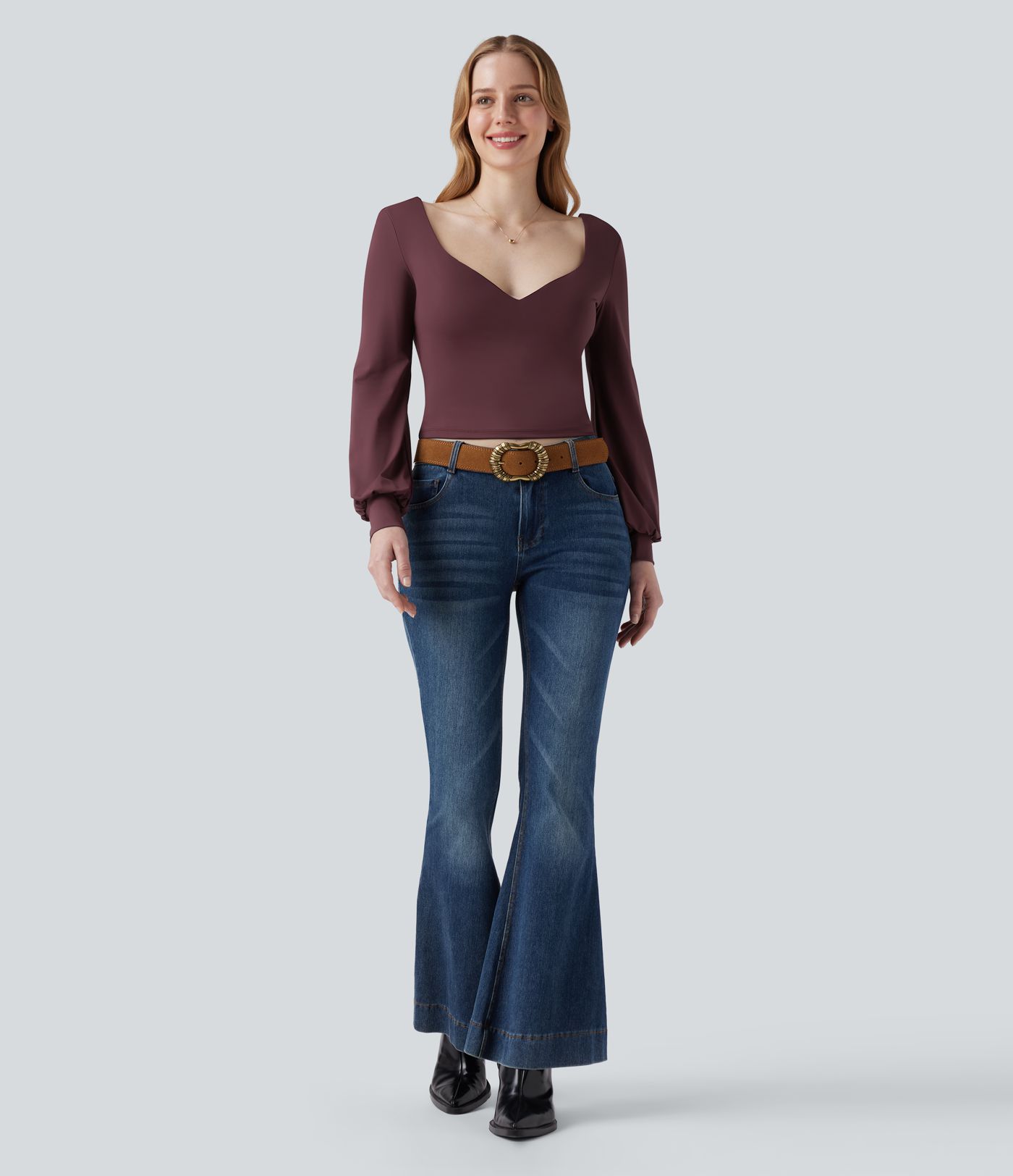 Sweetheart Neck Bishop Long Sleeve Backless Casual Blouse