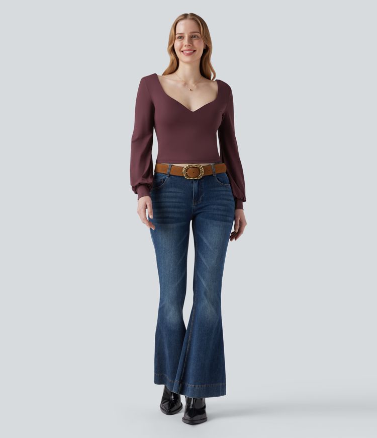 Sweetheart Neck Bishop Long Sleeve Backless Casual Blouse