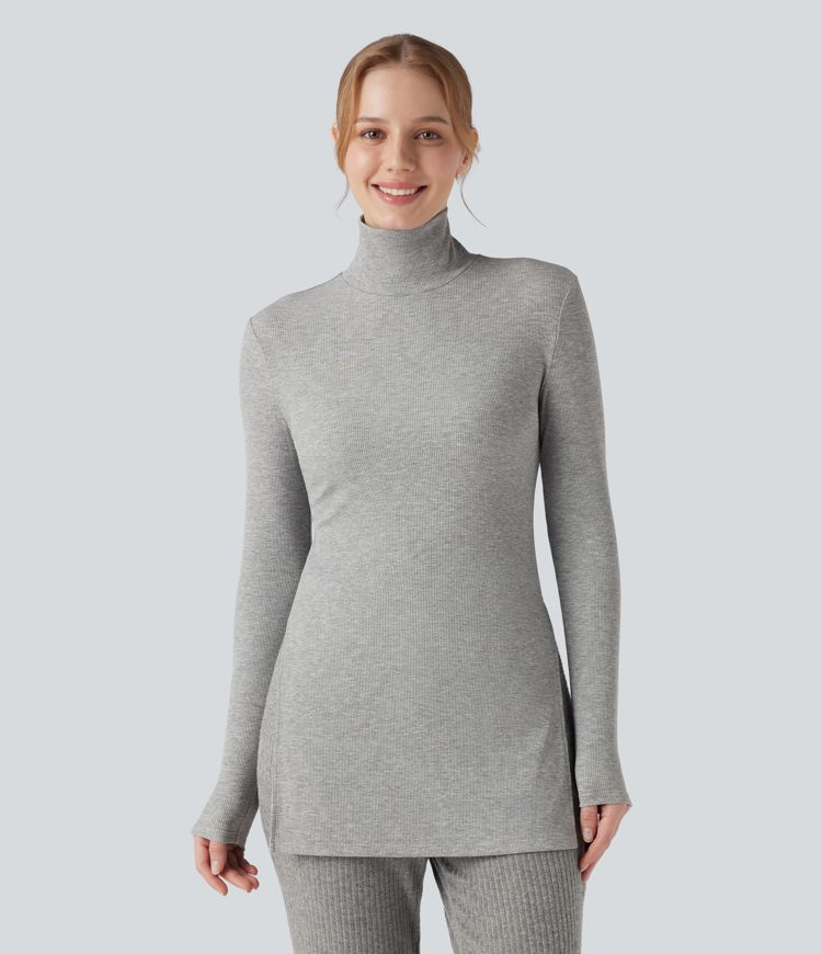 Ribbed Knit High Neck Long Sleeve Casual T-Shirt