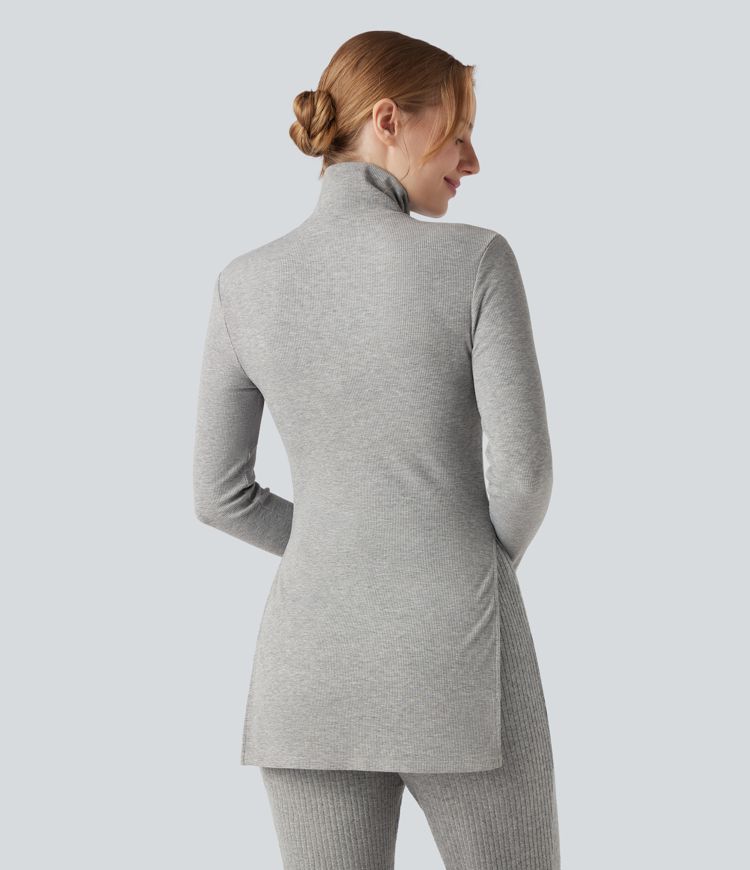 Ribbed Knit High Neck Long Sleeve Casual T-Shirt