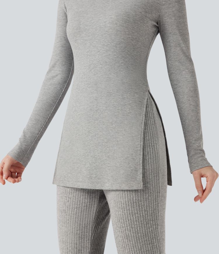 Ribbed Knit High Neck Long Sleeve Casual T-Shirt