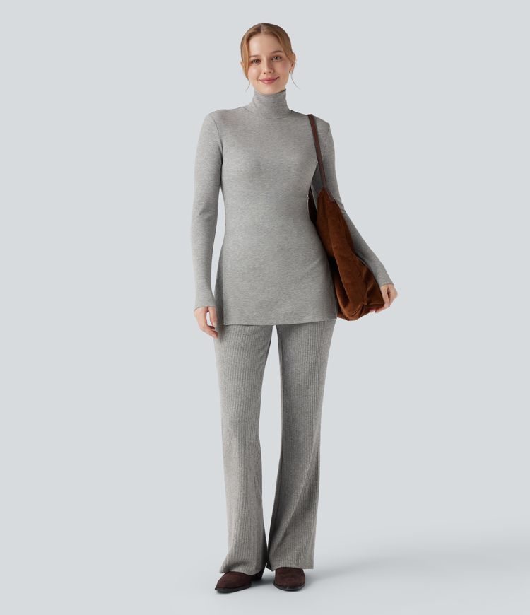 Ribbed Knit High Neck Long Sleeve Casual T-Shirt