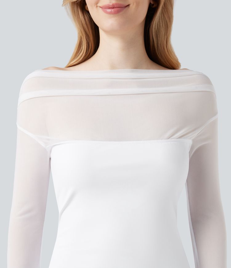 SoftlyZero™ Airy Off Shoulder Long Sleeve Thumb Hole Contrast Mesh Cool Touch Yoga Sports Top-UPF50+