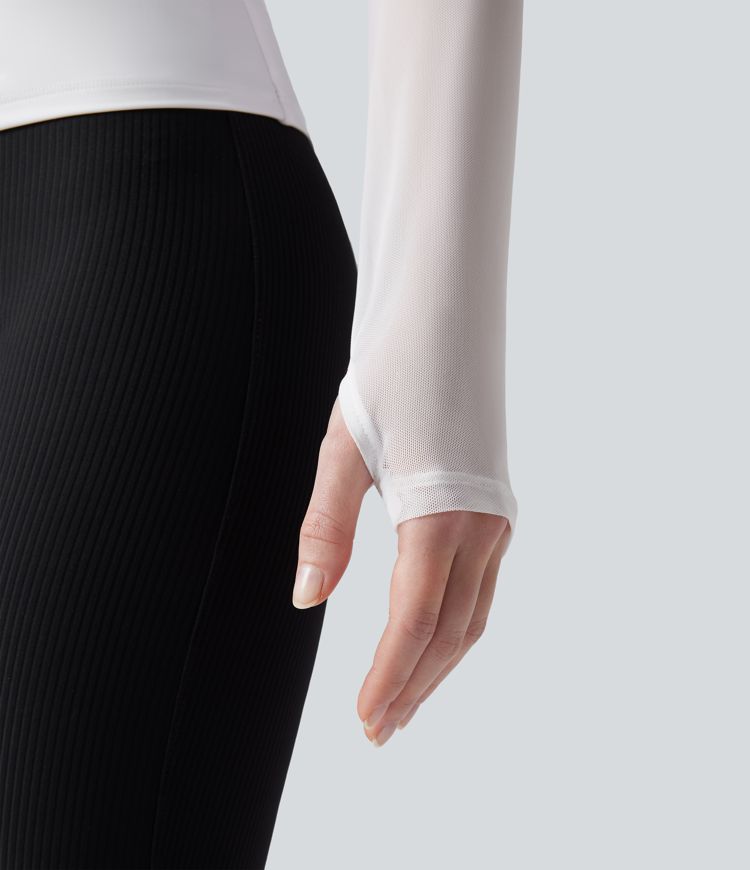 SoftlyZero™ Airy Off Shoulder Long Sleeve Thumb Hole Contrast Mesh Cool Touch Yoga Sports Top-UPF50+