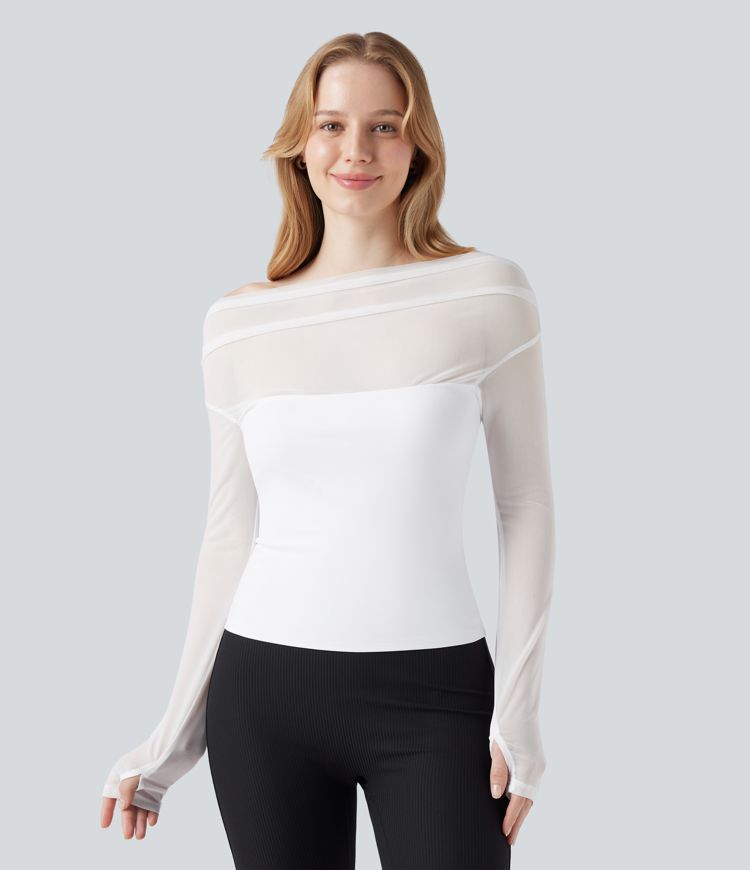 SoftlyZero™ Airy Off Shoulder Long Sleeve Thumb Hole Contrast Mesh Cool Touch Yoga Sports Top-UPF50+