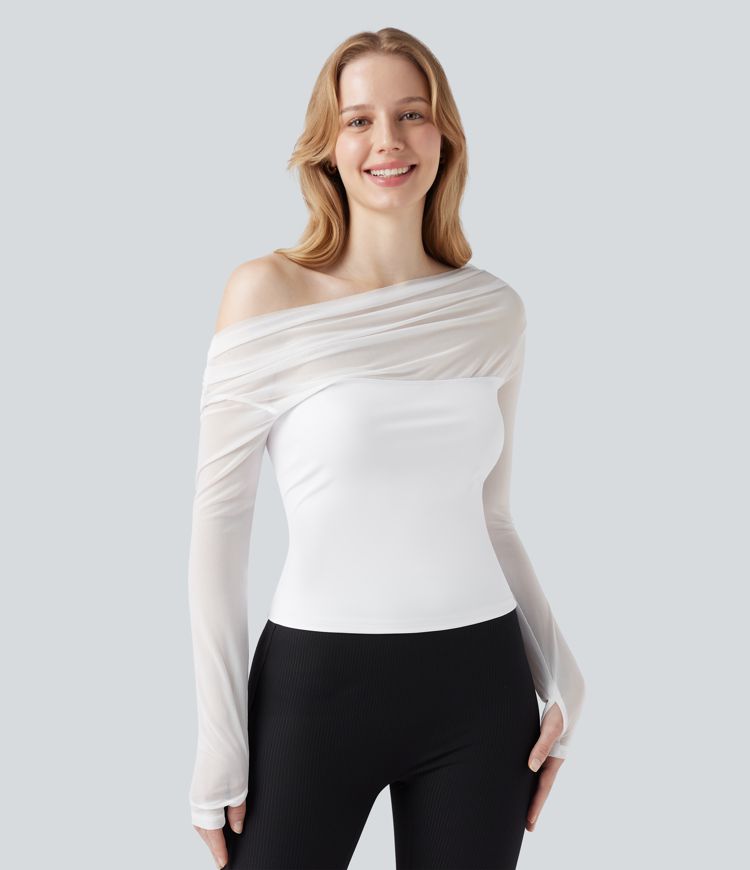 SoftlyZero™ Airy Off Shoulder Long Sleeve Thumb Hole Contrast Mesh Cool Touch Yoga Sports Top-UPF50+