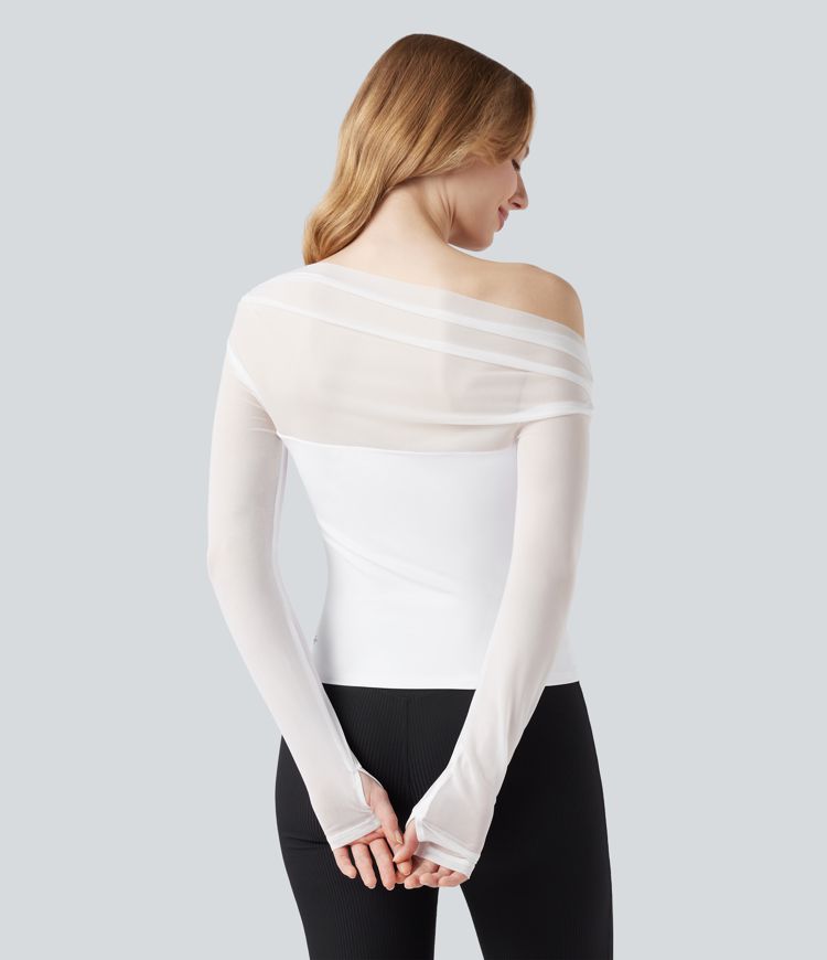 SoftlyZero™ Airy Off Shoulder Long Sleeve Thumb Hole Contrast Mesh Cool Touch Yoga Sports Top-UPF50+