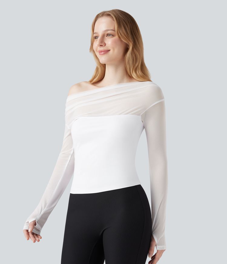 SoftlyZero™ Airy Off Shoulder Long Sleeve Thumb Hole Contrast Mesh Cool Touch Yoga Sports Top-UPF50+