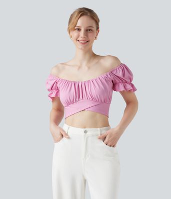 Puff Sleeve Crossover Tie Back Cropped Casual Top