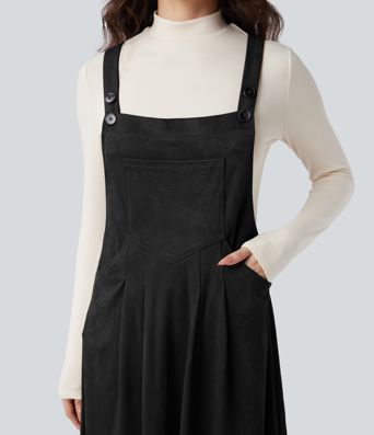 Adjustable Straps Suede Casual Pinafore Dress with Pockets