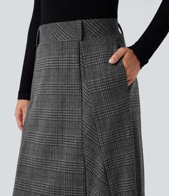 High Waisted A Line Houndstooth Plaid Midi Work Skirt with Pockets