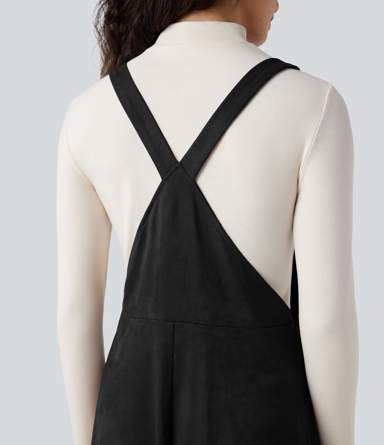 Adjustable Straps Suede Casual Pinafore Dress with Pockets