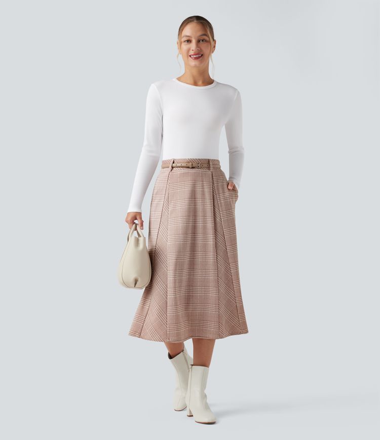 Falda midi de trabajo de talle alto y corte en línea A, con estampado pata de gallo y bolsillos