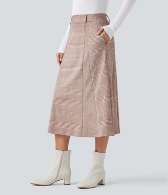 Falda midi de trabajo de talle alto y corte en línea A, con estampado pata de gallo y bolsillos