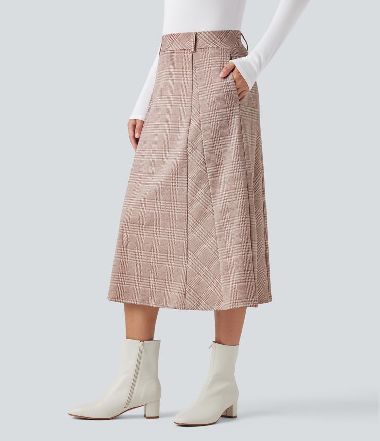 Falda midi de trabajo de talle alto y corte en línea A, con estampado pata de gallo y bolsillos