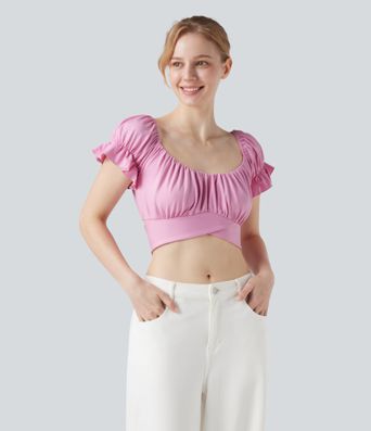 Puff Sleeve Crossover Tie Back Cropped Casual Top