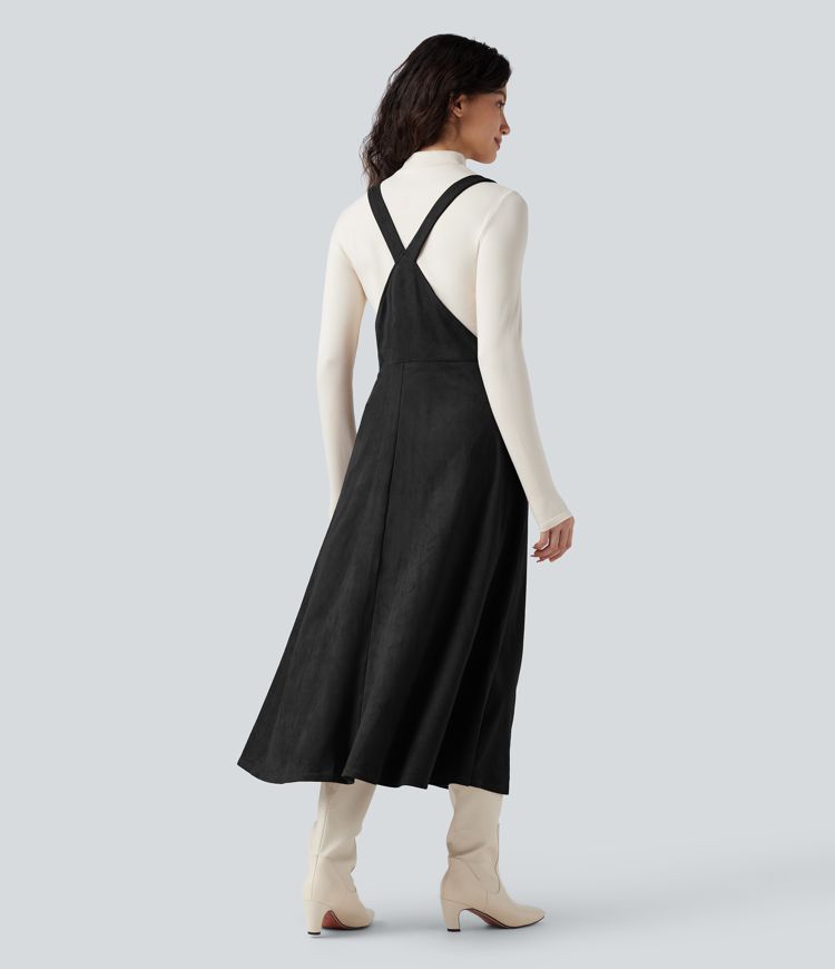 Adjustable Straps Suede Casual Pinafore Dress with Pockets