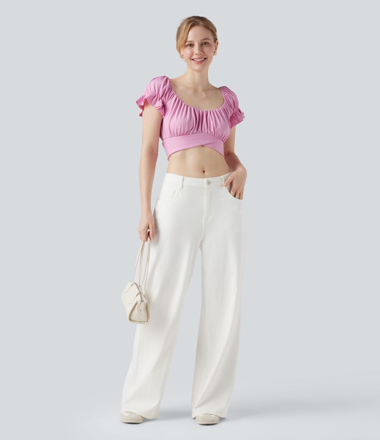 Puff Sleeve Crossover Tie Back Cropped Casual Top